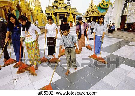 Myanmar (Burma), Yangon (Rangoon), Group of young adults and children helping to clean at Shwedagon Pagoda. View Large Photo Image Stock Image - Myanmar (Burma), Yangon (Rangoon), Group of young adults and children helping to clean at Shwedagon Pagoda.. Fotosearch