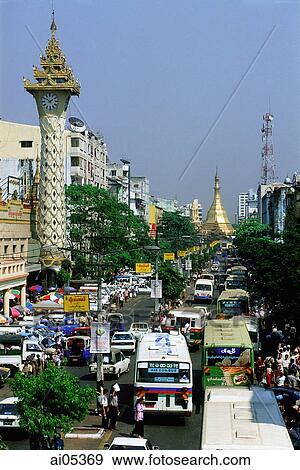 Myanmar (Burma), Yangon (Rangoon), Heavy traffic with Sule Pagoda in background View Large Photo Image Stock Photo - Myanmar (Burma), Yangon (Rangoon), Heavy traffic with Sule Pagoda in background. Fotosearch