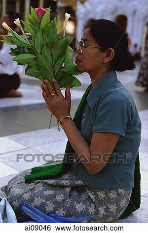 Myanmar (Burma), Yangon, Woman holding flowers, worshipping at Shwedagon Paya. View Large Photo Image Stock Photograph - Myanmar (Burma), Yangon, Woman holding flowers, worshipping at Shwedagon Paya.. Fotosearch