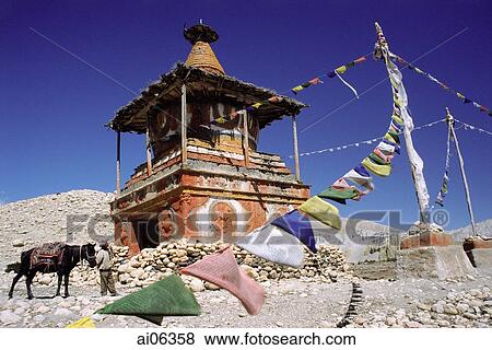 Stock Photo - Nepal, Mustang, A man and horse near a Chorten, which marks the boundary between neighboring districts.. Fotosearch