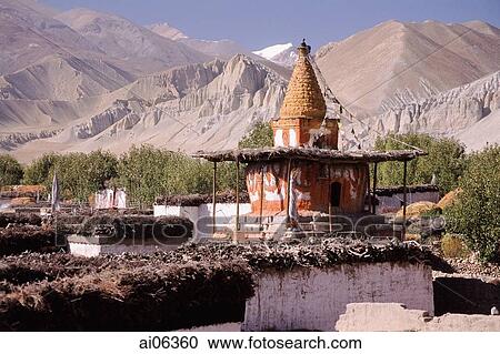 Nepal, Mustang, Ancient chortens, mountains in background. View Large Photo Image Stock Image - Nepal, Mustang, Ancient chortens, mountains in background.. Fotosearch