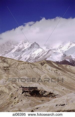 Stock Photography - Nepal, Mustang, Ancient Tibetan Buddhist monastery with stripes of Sakya sect.. Fotosearch