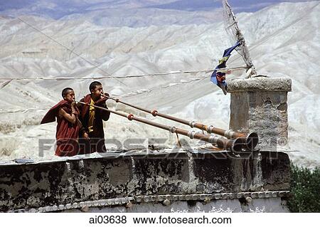 Nepal, Mustang, Lo Manthang, monks atop palace sounding horns. View Large Photo Image Stock Photo - Nepal, Mustang, Lo Manthang, monks atop palace sounding horns.. Fotosearch