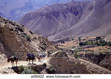 Stock Image - Nepal, Mustang, Mustang tourist caravan. Riding is the main form of transportation. Fotosearch