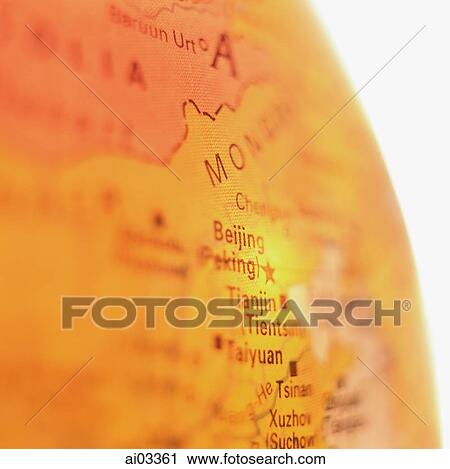 Stock Image - Orange Globe, focus on Beijing, China, close up. Fotosearch