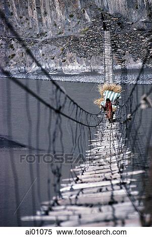 Pakistan, Hunza Valley, Passu, villagers crossing rope bridge View Large Photo Image Stock Photography - Pakistan, Hunza Valley, Passu, villagers crossing rope bridge. Fotosearch