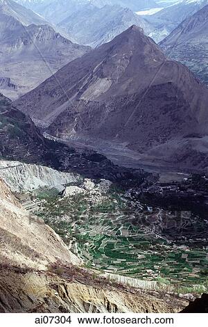 Picture - Pakistan, Northern Areas, Hunza Valley, Karimabad, View of village from mountain.. Fotosearch