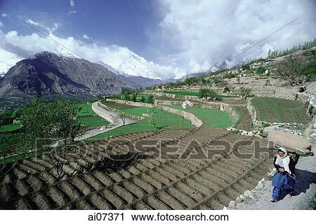 Stock Image - Pakistan, Northern Areas, Hunza Valley, Karimabad, Schoolgirl walking on trail.. Fotosearch