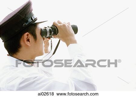 Profile of man in white looking through binoculars, white background View Large Photo Image Stock Photo - Profile of man in white looking through binoculars, white background. Fotosearch
