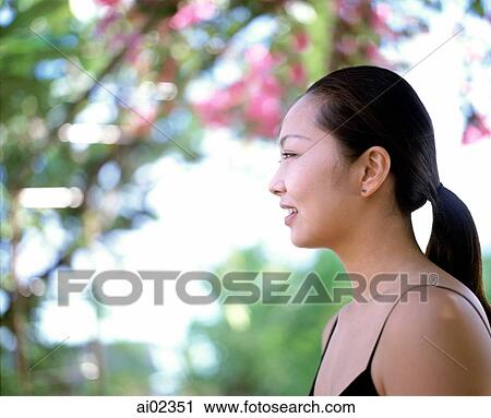 Profile of woman outdoors, trees in background View Large Photo Image Stock Image - Profile of woman outdoors, trees in background. Fotosearch