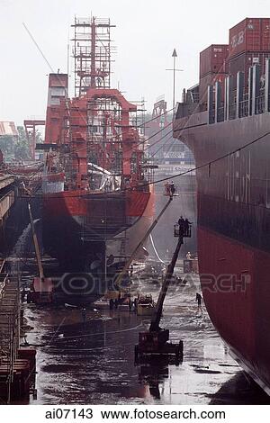 Stock Image - Ships at port, Singapore. Fotosearch