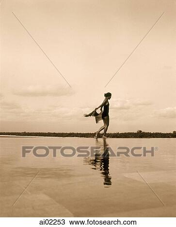 Stock Image - Silhouette and reflection of woman walking with scarf by water. Fotosearch