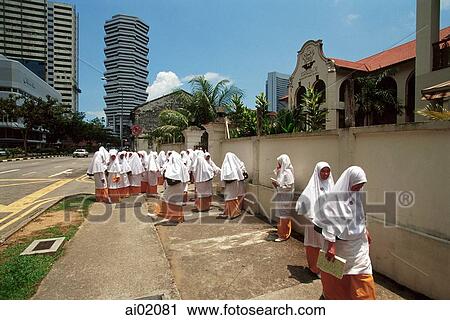 Singapore, Arab Street, Muslim students wearing traditional costume to Muslim school. View Large Photo Image Stock Image - Singapore, Arab Street, Muslim students wearing traditional costume to Muslim school.. Fotosearch