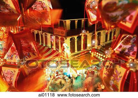 Singapore, Chinatown market during Chinese New Year, Chinese lanterns in foreground View Large Photo Image Stock Photo - Singapore, Chinatown market during Chinese New Year, Chinese lanterns in foreground. Fotosearch
