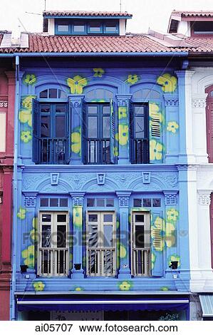 Singapore, Chinatown, Painted facade of shophouse. View Large Photo Image Stock Photo - Singapore, Chinatown, Painted facade of shophouse.. Fotosearch