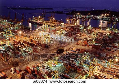 Picture - Singapore, port of Singapore, night shot. Fotosearch