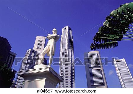 Stock Photo - Singapore, skyline with Raffles Statue in foreground. Fotosearch