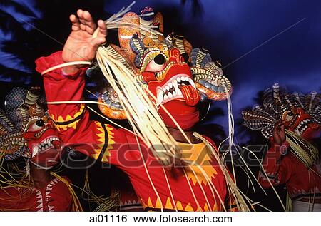 Stock Photograph - Sri Lanka, Bentota Perahera, Masked Devil Dancers. Fotosearch