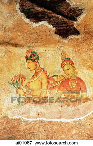 Sri Lanka, Sigiriya Lion Rock Fortress, Fresco wall paintings of maidens View Large Photo Image Stock Photo - Sri Lanka, Sigiriya Lion Rock Fortress, Fresco wall paintings of maidens. Fotosearch