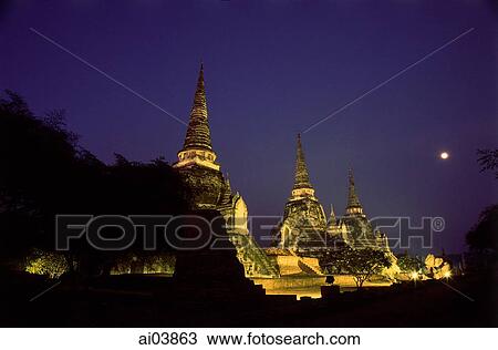 Stock Image - Thailand, Ayutthaya, Ancient City at night.. Fotosearch