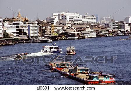 Thailand, Bangkok, Barges on river. View Large Photo Image Stock Image - Thailand, Bangkok, Barges on river.. Fotosearch