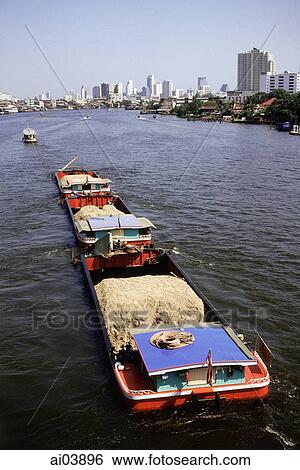 Thailand, Bangkok, Barges on river. View Large Photo Image Stock Photograph - Thailand, Bangkok, Barges on river.. Fotosearch