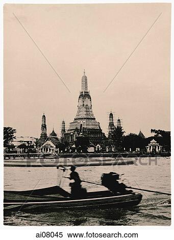 Thailand, Bangkok, Chao Phraya River, Long tail boat on river, Wat Arun Temple in background. (artistic grain) View Large Photo Image Stock Photography - Thailand, Bangkok, Chao Phraya River, Long tail boat on river, Wat Arun Temple in background. (artistic grain). Fotosearch