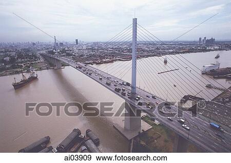 Stock Photo - Thailand, Bangkok, Chao Phya River, Rama IX (9) Bridge. Fotosearch