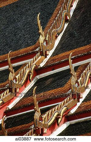 Thailand, Bangkok, Wat Phra Kaew, Roof details of temple. View Large Photo Image Stock Photo - Thailand, Bangkok, Wat Phra Kaew, Roof details of temple.. Fotosearch