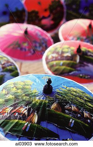 Thailand, Detail of hand painted umbrellas. View Large Photo Image Stock Image - Thailand, Detail of hand painted umbrellas.. Fotosearch