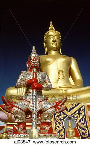 Thailand, Ko Samui, Golden Buddha and statue. View Large Photo Image Stock Photo - Thailand, Ko Samui, Golden Buddha and statue.. Fotosearch