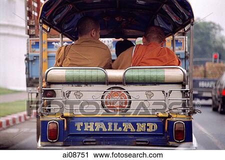 Thailand, monks in tuk-tuk, rearview View Large Photo Image Stock Image - Thailand, monks in tuk-tuk, rearview. Fotosearch