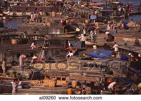 Vietnam, Can Tho, Hau river, Floating market. View Large Photo Image Stock Image - Vietnam, Can Tho, Hau river, Floating market.. Fotosearch