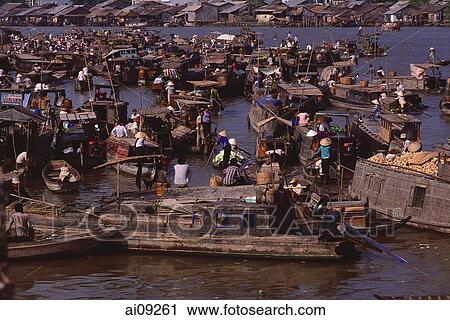 Vietnam, Can Tho, Hau river, Floating market. View Large Photo Image Stock Image - Vietnam, Can Tho, Hau river, Floating market.. Fotosearch