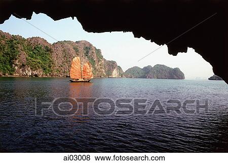 Vietnam, Halong Bay, Fishing junk amongst the islands viewed from a cave View Large Photo Image Stock Photo - Vietnam, Halong Bay, Fishing junk amongst the islands viewed from a cave. Fotosearch