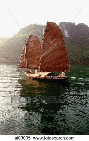 Vietnam, Halong Bay, Fishing junk sailing amongst the islands View Large Photo Image Stock Photography - Vietnam, Halong Bay, Fishing junk sailing amongst the islands. Fotosearch