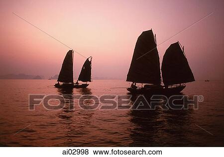 Vietnam, Halong Bay, Fishing junks at dawn View Large Photo Image Stock Photo - Vietnam, Halong Bay, Fishing junks at dawn. Fotosearch