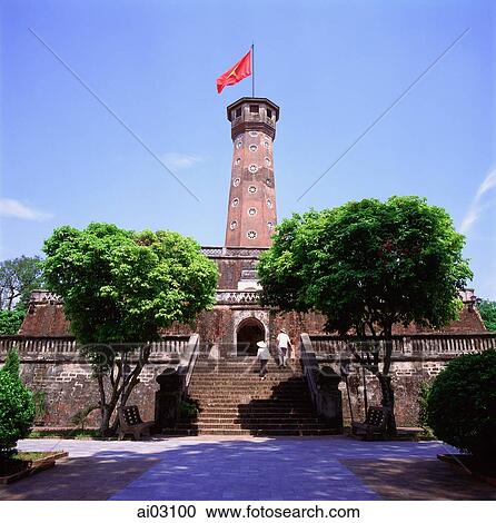 Stock Image - Vietnam, Hanoi, Flag tower of the Army Museum. Fotosearch