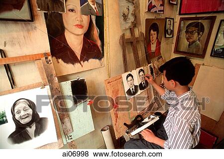 Vietnam, Hanoi, man painting in studio View Large Photo Image Stock Photo - Vietnam, Hanoi, man painting in studio. Fotosearch