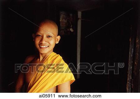 Stock Image - Vietnam, Mekong Delta region, Chau Duc, Buddhist monk of Khmer origin, portrait.. Fotosearch