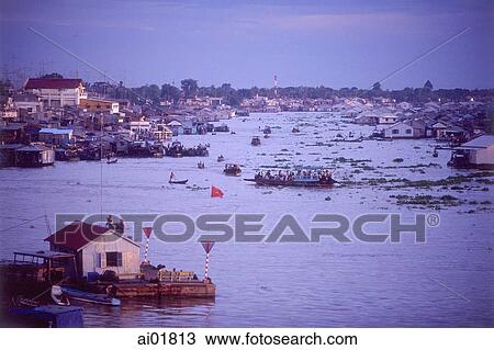 Stock Image - Vietnam, Mekong River, Chau Doc along Bassac River.. Fotosearch