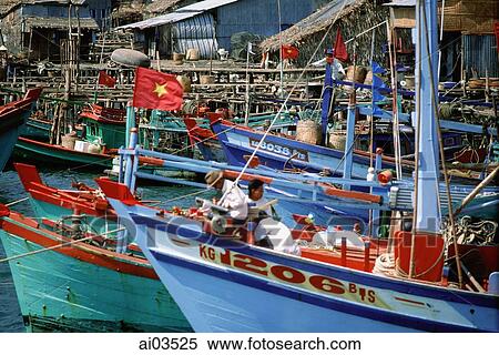 Stock Photography - Vietnam, Phu Quoc Island, fishing boats in harbor. Fotosearch