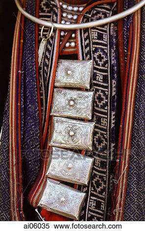 Stock Photography - Vietnam, Sa Pa, Close up Red Dao silver jewelry. Fotosearch