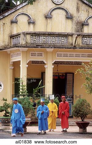 Vietnam, Tay Ninh, Cao Dai lay priests outside Cao Dai Great Temple. View Large Photo Image Stock Photo - Vietnam, Tay Ninh, Cao Dai lay priests outside Cao Dai Great Temple.. Fotosearch