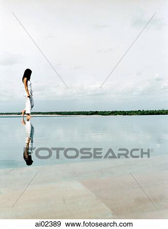 Stock Photo - Woman walking on water's edge with reflection.. Fotosearch