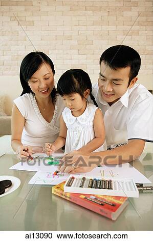 Family with one child, daughter drawing View Large Photo Image Stock Image - Family with one child, daughter drawing. Fotosearch