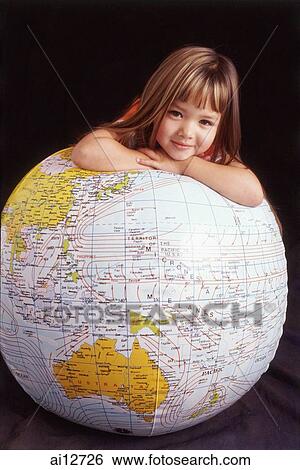 Girl leaning on globe View Large Photo Image Stock Photograph - Girl leaning on globe. Fotosearch
