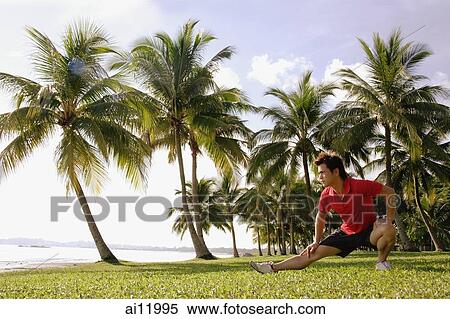 Man doing stretching exercises in park, hand on knee View Large Photo Image Stock Photography - Man doing stretching exercises in park, hand on knee. Fotosearch