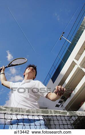 Man playing tennis, low angle view View Large Photo Image Stock Image - Man playing tennis, low angle view. Fotosearch
