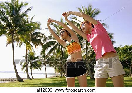 Women doing stretching exercises in park, bending sideways View Large Photo Image Stock Image - Women doing stretching exercises in park, bending sideways. Fotosearch